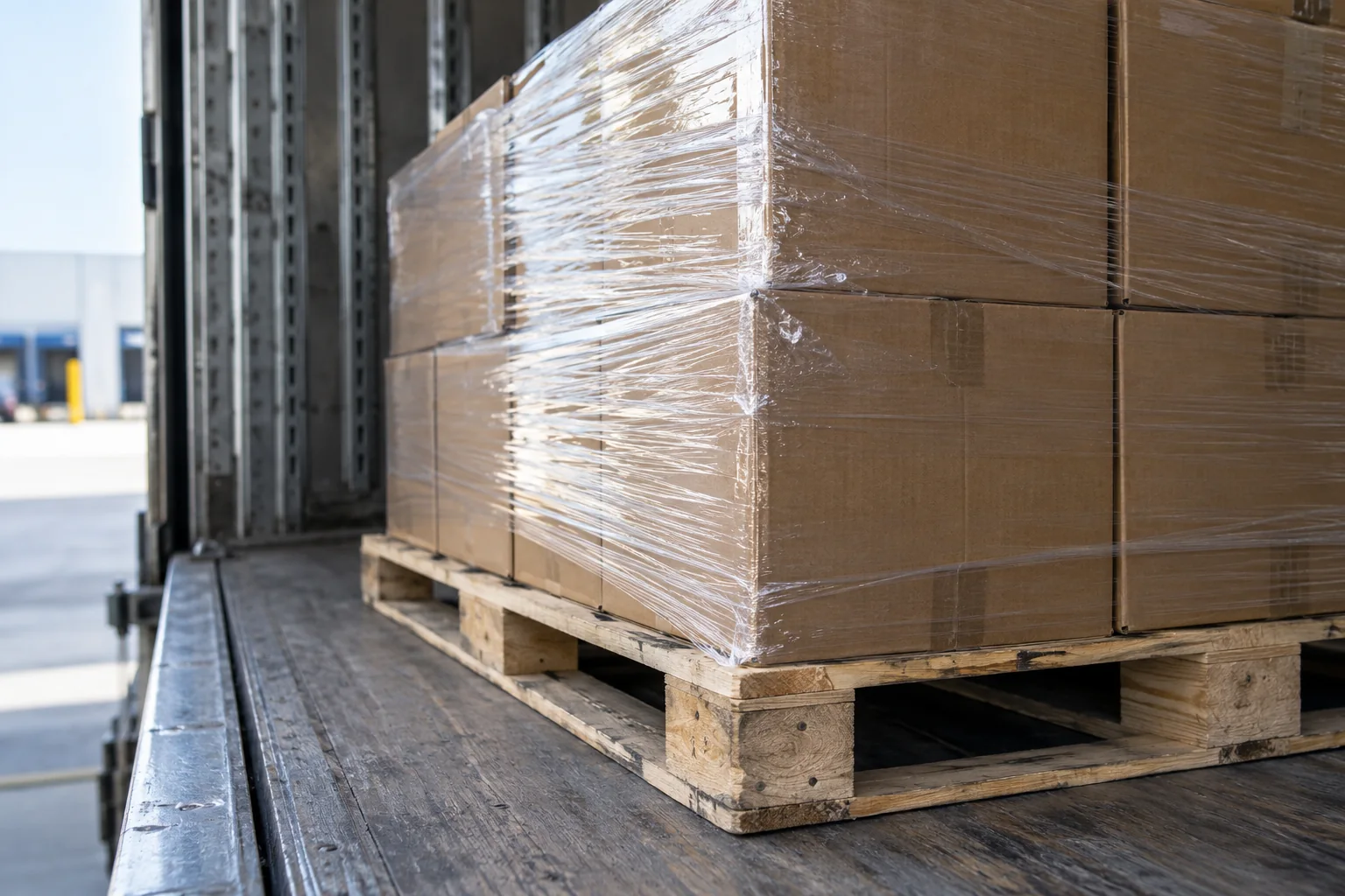 Illustrative AI-generated detail of stretch-wrapped cartons secured on a wooden pallet