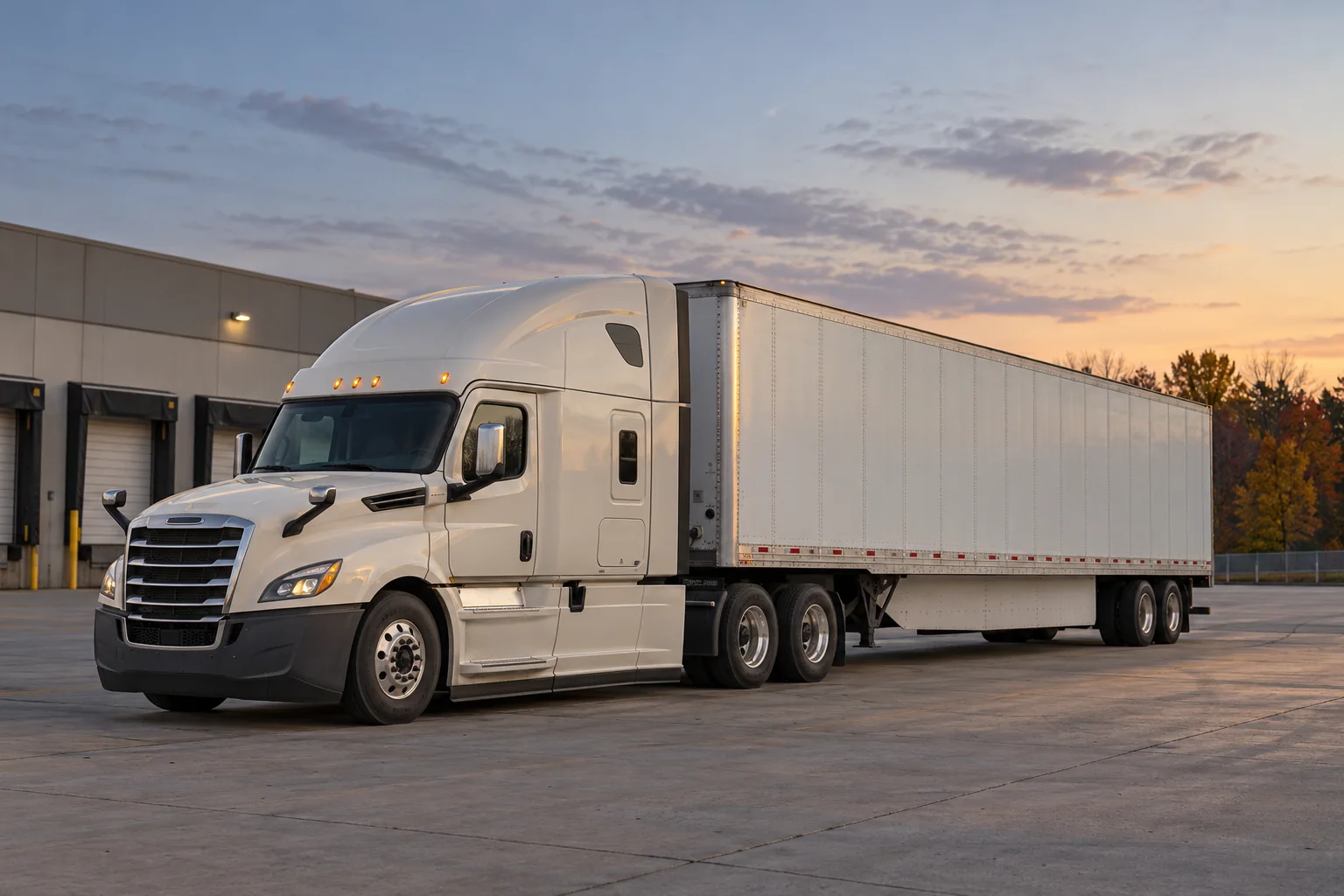 Illustrative AI-generated ivory American semi-truck and trailer at an industrial freight terminal
